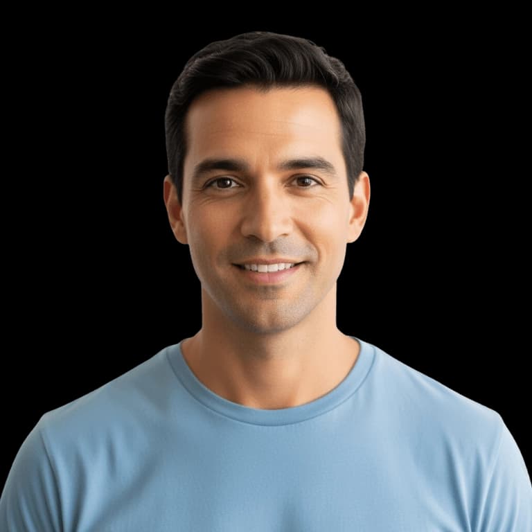 A smiling man with short dark hair and a light blue t-shirt against a teal background