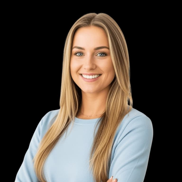A young woman with long blonde hair and blue eyes smiling at the camera with her arms crossed
