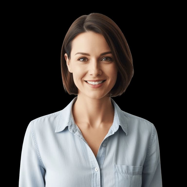 A smiling woman with short brown hair and a light blue shirt looking directly at the camera
