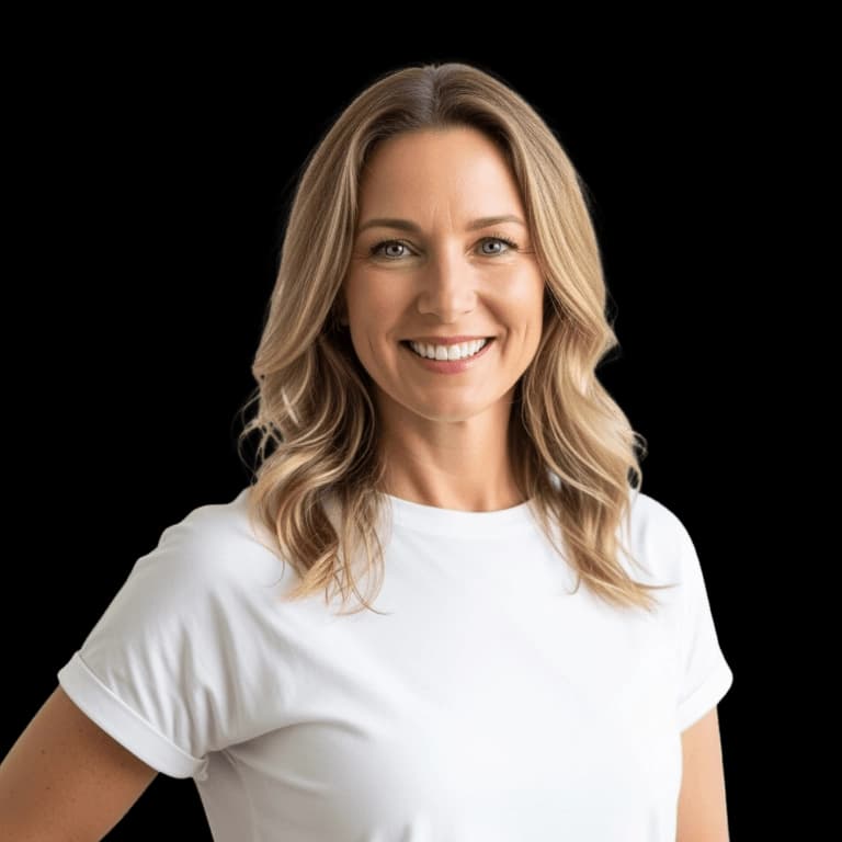A smiling middle-aged woman with blonde hair and a white t-shirt against a teal background