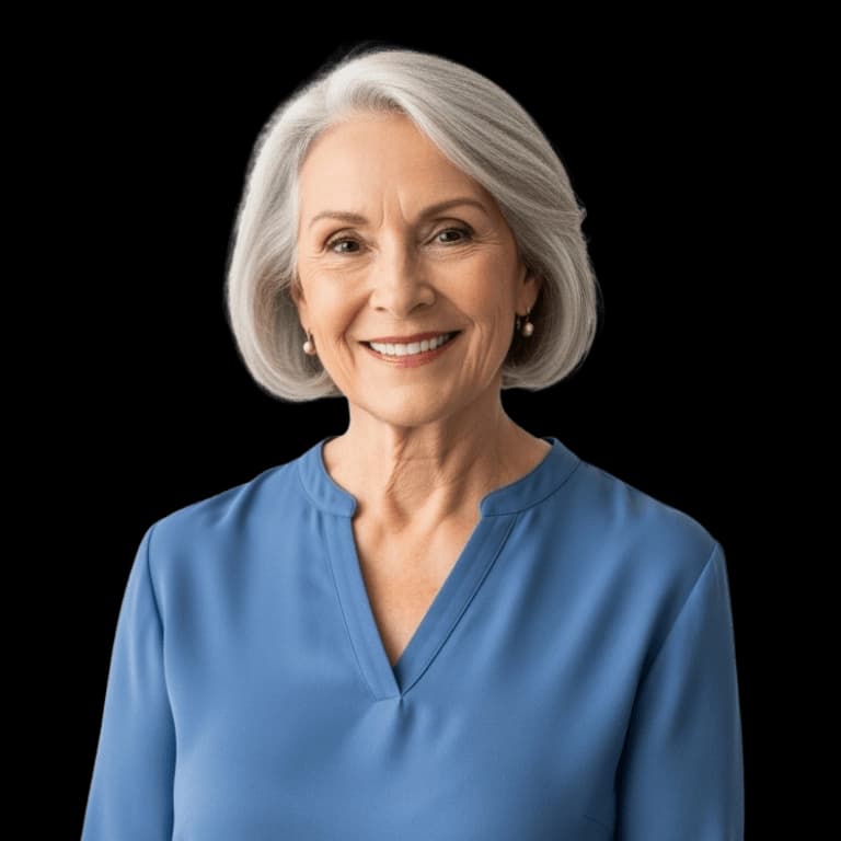 A smiling older woman with short gray hair and a blue top